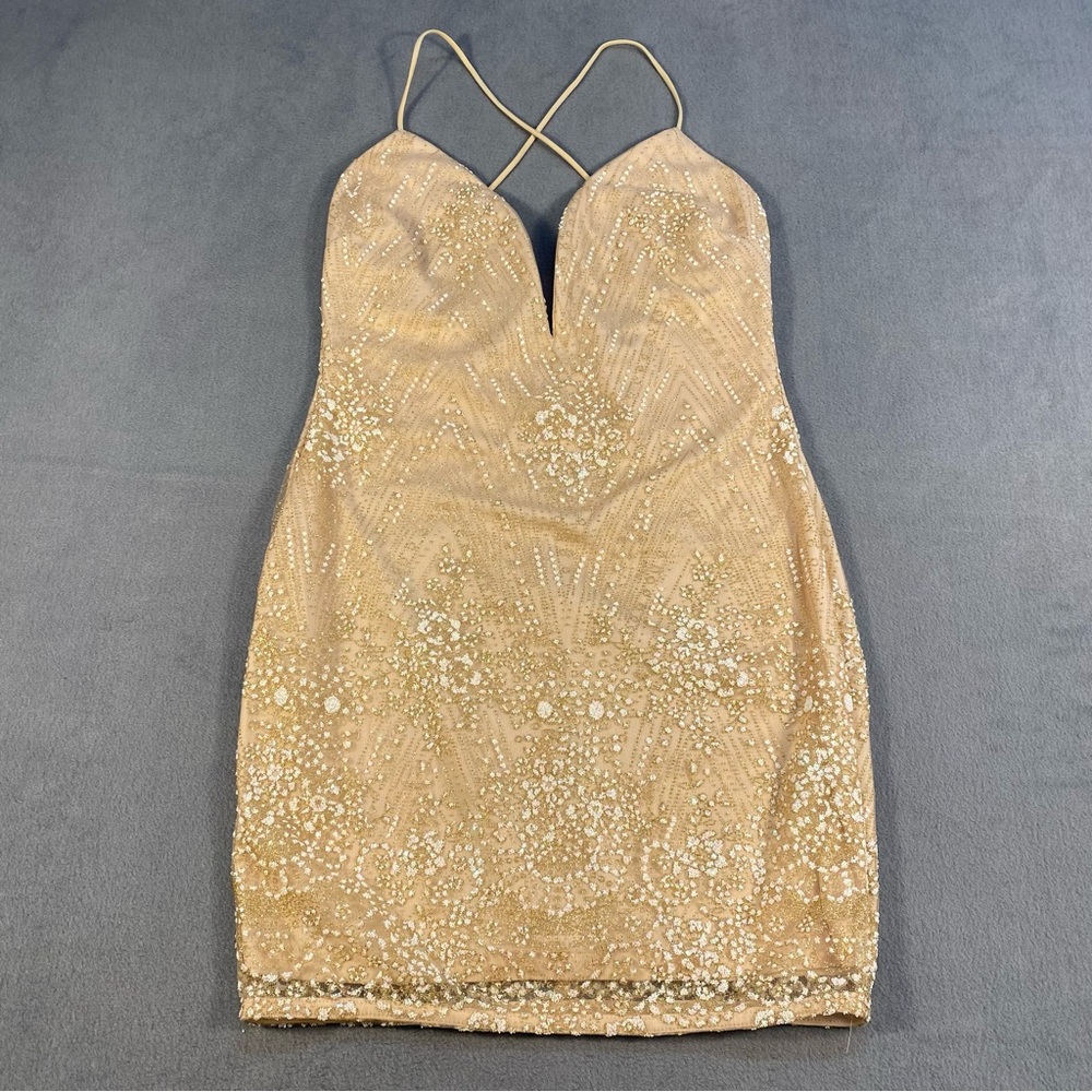 Symphony Women’s Gold Beaded Backless Straps Mini Dress, back zipper, lined, M